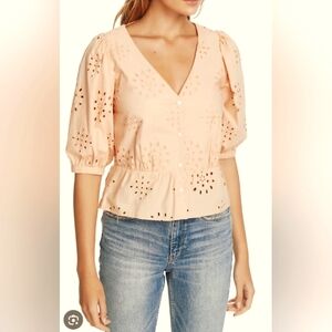 NWT & Merci Peasant Peach Peplum Eyelet V-Neck Crochet Blouse
